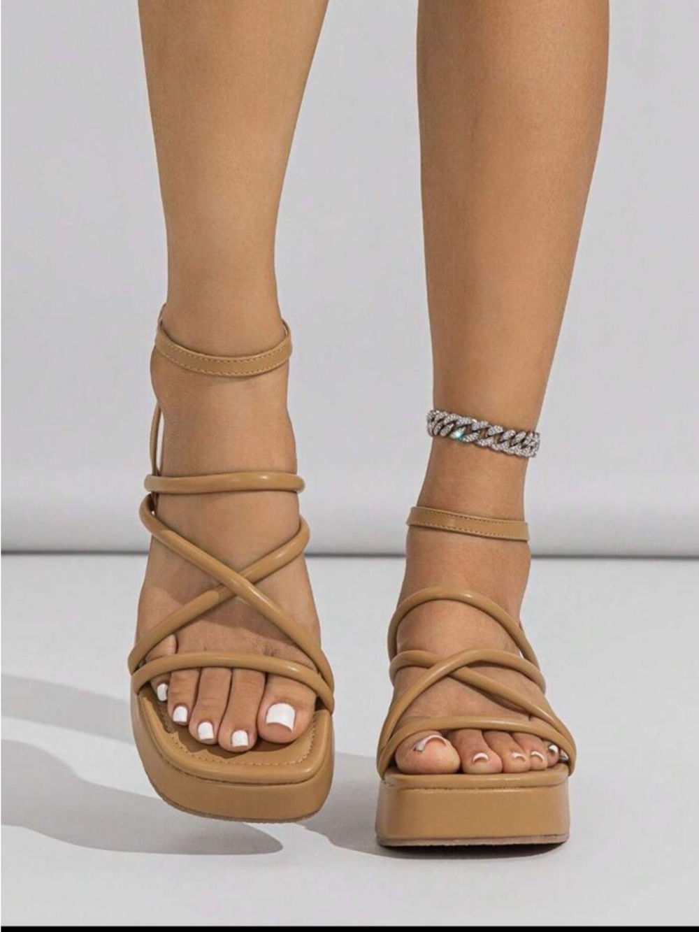 Strappy Square-Toe Platform Sandals in Brown